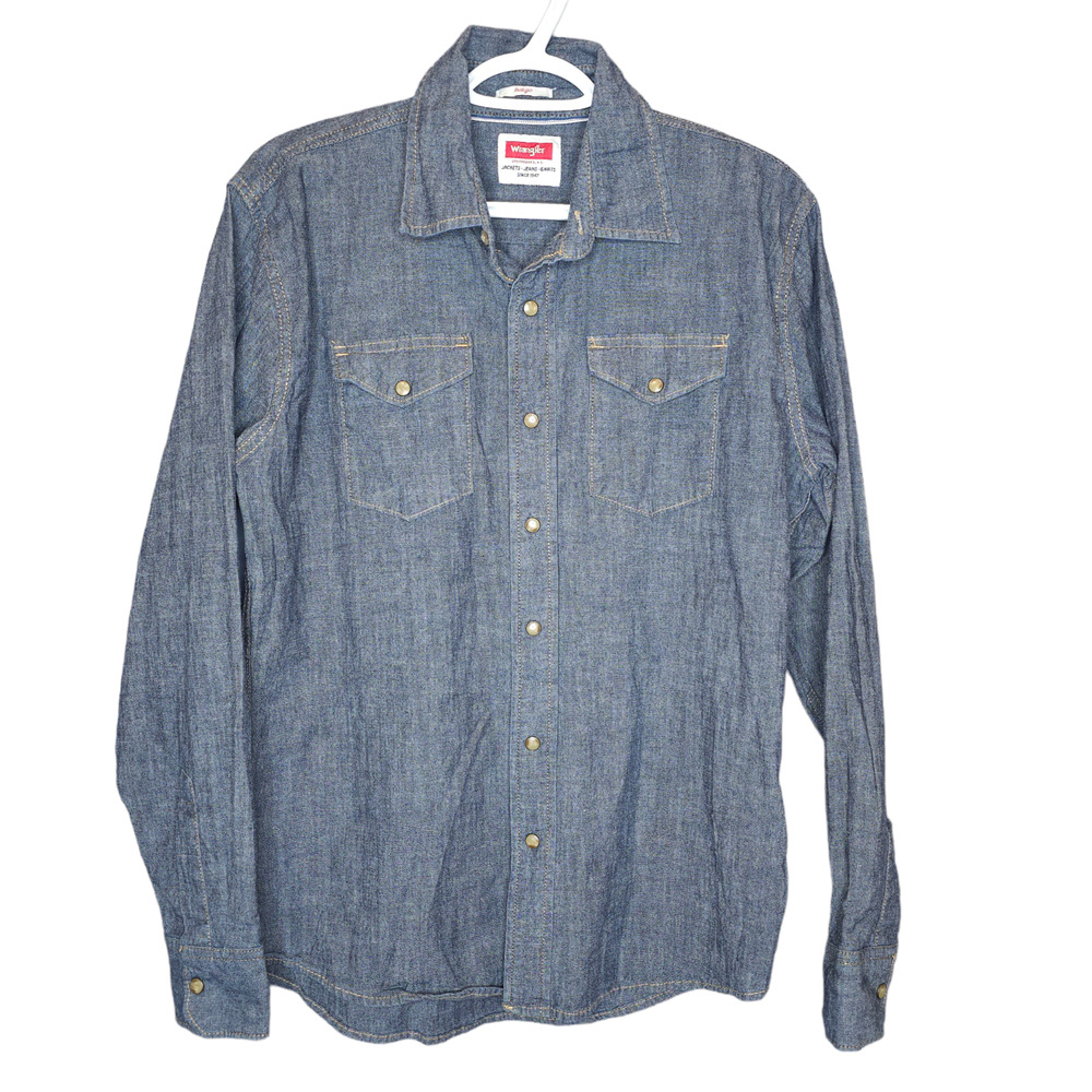 Wrangler Indigo Mens Indigo Pearl Snap Button Down Long Sleeve Denim Shirt M